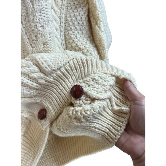 Heather & Tweed Fisherman's Cream Cable Knit Wool Button Cardigan Sweater Large - Picture 8 of 11